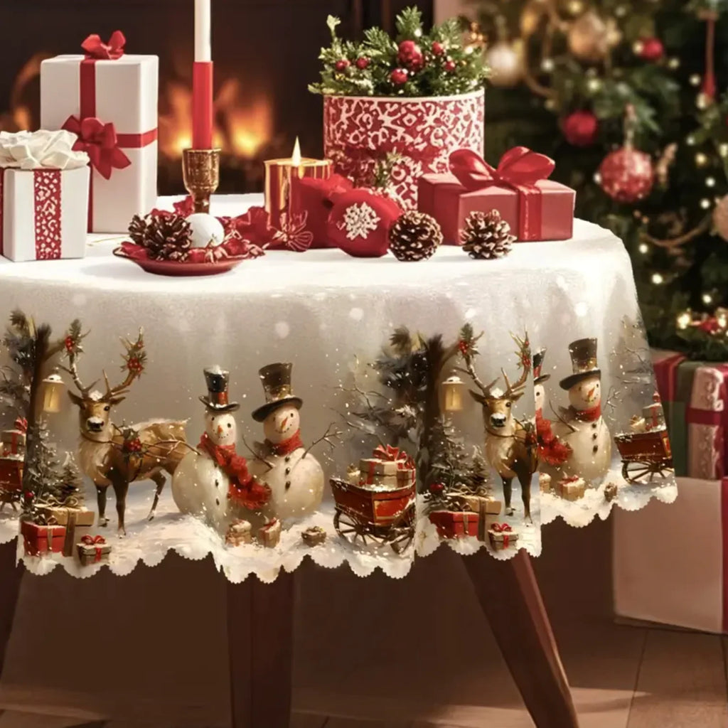 Christmas Tablecloth with Snowman and Reindeer Print Scalloped Hem Festive Holiday Table Linens - Image 3