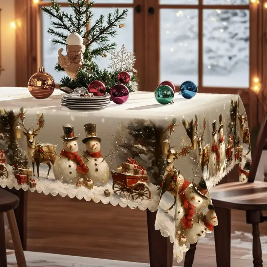 Christmas Tablecloth with Snowman and Reindeer Print Scalloped Hem Festive Holiday Table Linens - Image 4