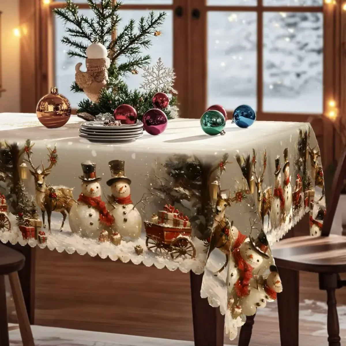 Christmas Tablecloth with Snowman and Reindeer Print Scalloped Hem Festive Holiday Table Linens - Image 4
