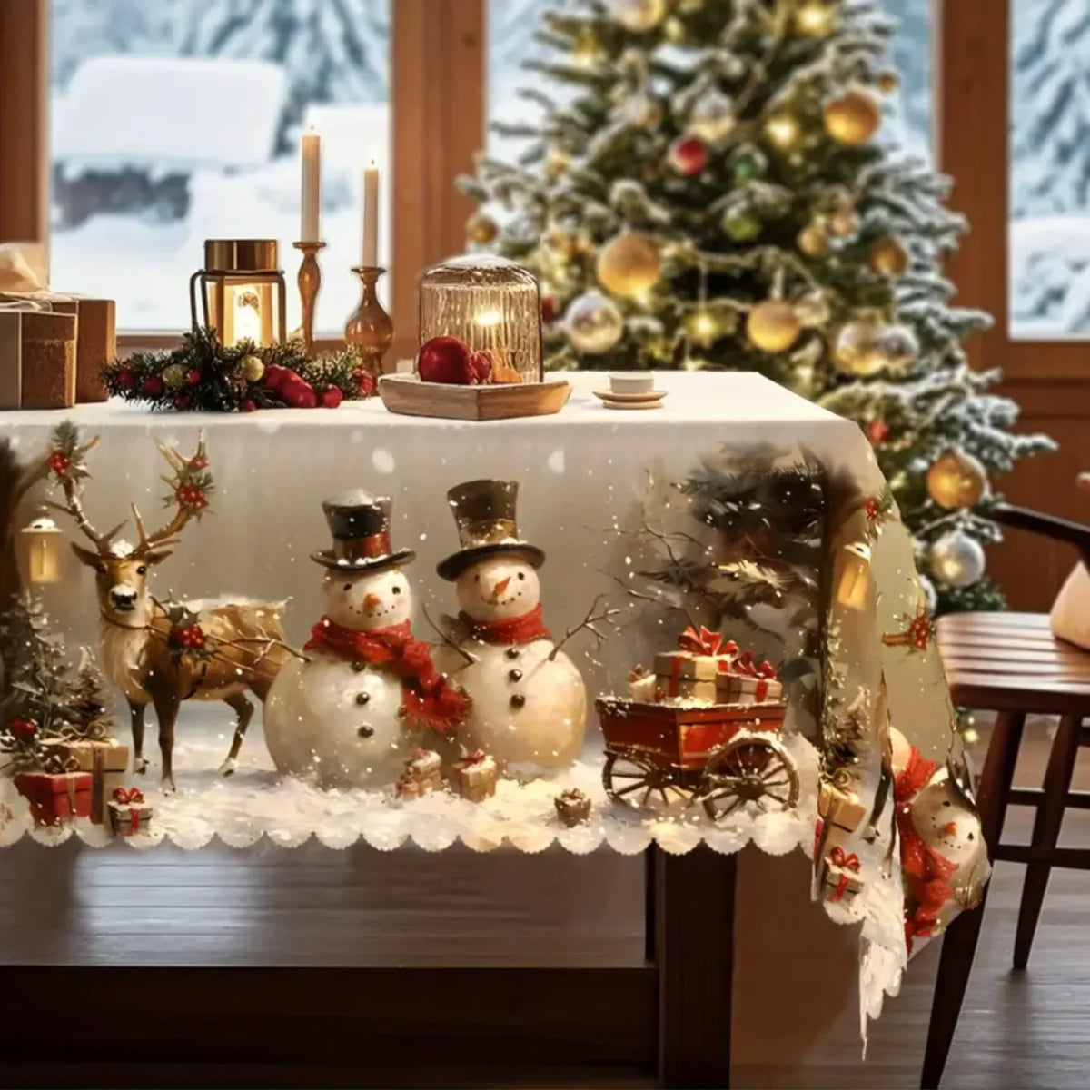 Christmas Tablecloth with Snowman and Reindeer Print Scalloped Hem Festive Holiday Table Linens - Image 5