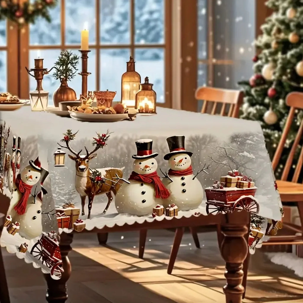 Christmas Tablecloth with Snowman and Reindeer Print Scalloped Hem Festive Holiday Table Linens - Image 6