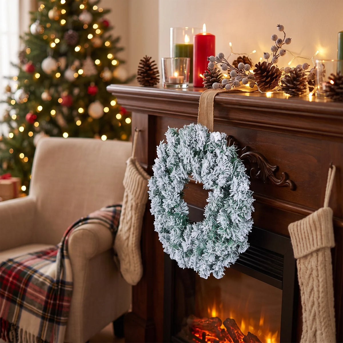 Christmas Wreath with Artificial Pine Needles and Flocked Snow Effect for Front Door - Image 3