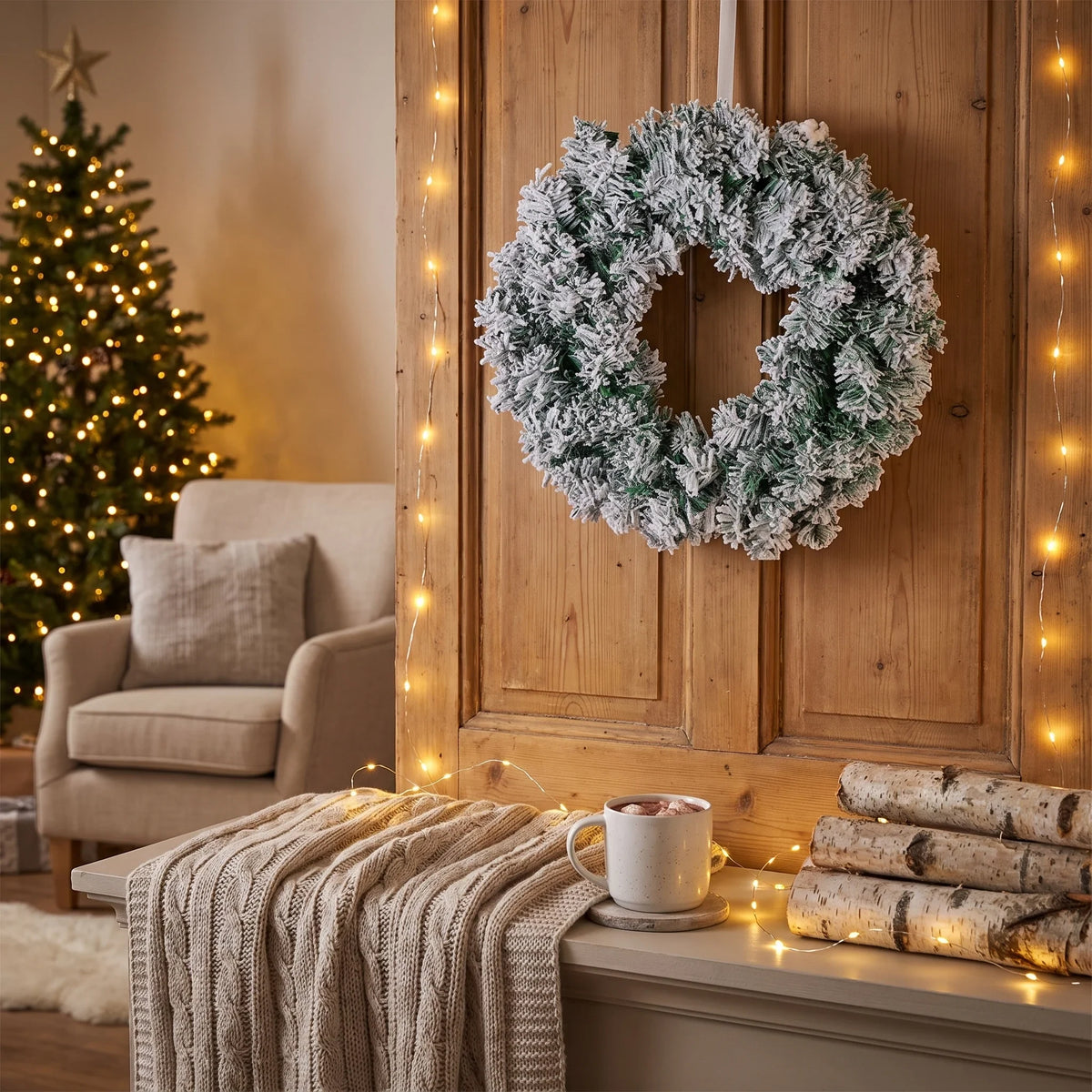 Christmas Wreath with Artificial Pine Needles and Flocked Snow Effect for Front Door - Image 4