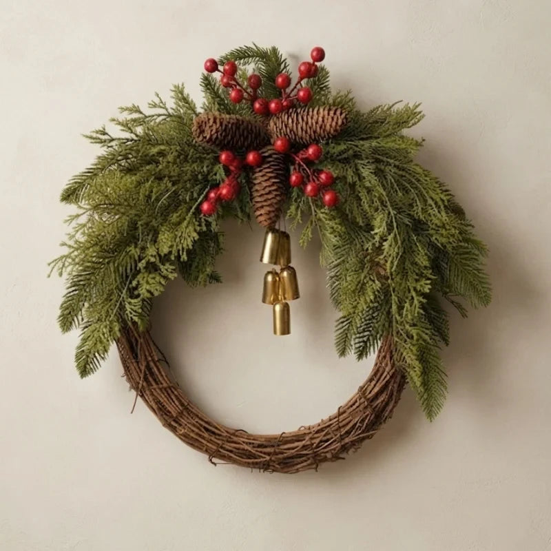 Christmas Wreath with Grapevine Base Pinecones Golden Bells and Berries - Image 1