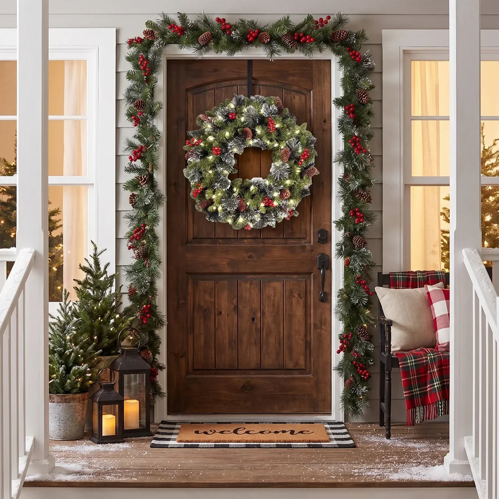 Christmas Wreath with Integrated LED Lights Pine Cones and Red Berries - Image 2