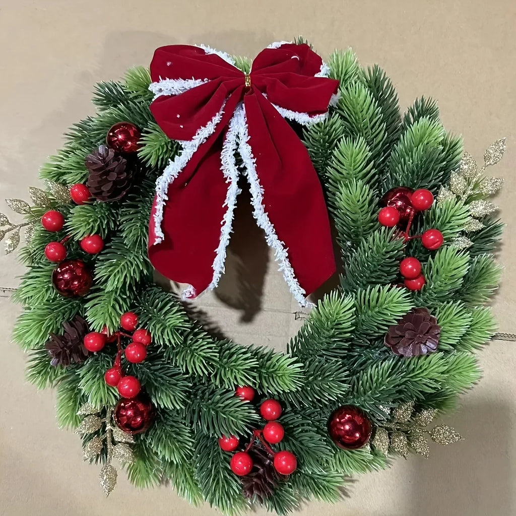 Christmas Wreath with Red Velvet Bow Pinecones and Berries for Door or Wall Hanging - Image 2