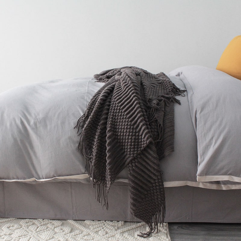 Chunky Knit Throw Blanket for Sofa with Textured Fringe and Cozy Soft Polyester Plush - Image 1