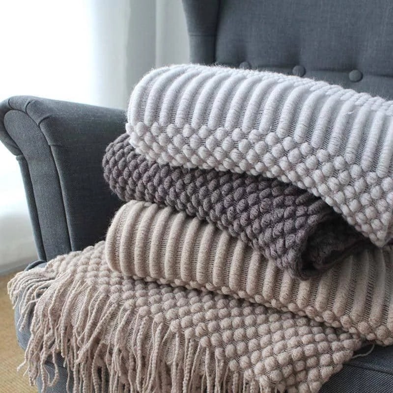 Chunky Knit Throw Blanket for Sofa with Textured Fringe and Cozy Soft Polyester Plush - Image 2
