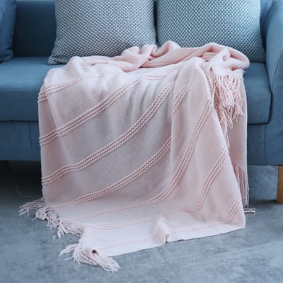 Chunky Knit Throw Blanket with Diagonal Stripes and Fringe for Sofa - Image 1