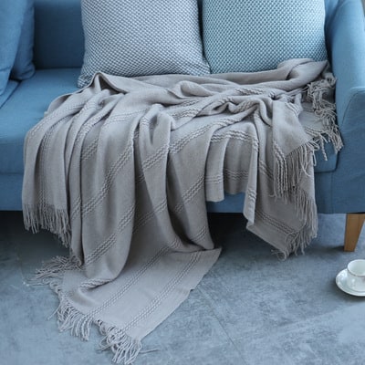 Chunky Knit Throw Blanket with Diagonal Stripes and Fringe for Sofa - Image 2