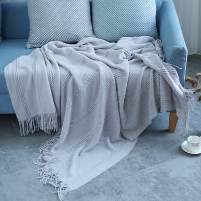 Chunky Knit Throw Blanket with Diagonal Stripes and Fringe for Sofa - Image 3