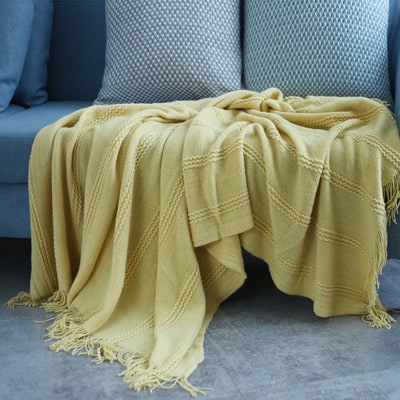Chunky Knit Throw Blanket with Diagonal Stripes and Fringe for Sofa - Image 5