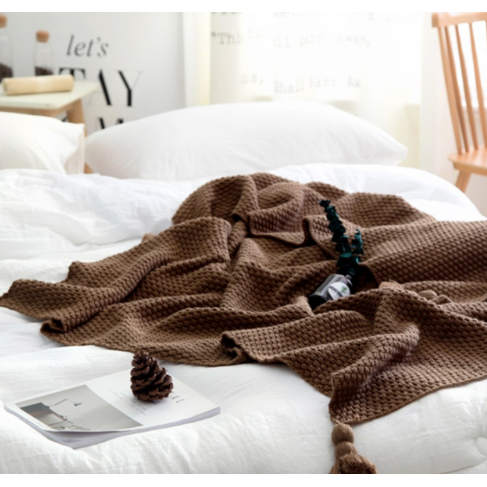 Chunky Knit Throw Blanket with Pom-Pom Tassels and Waffle Texture for Sofa Electric - Image 1