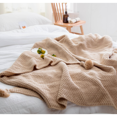 Chunky Knit Throw Blanket with Pom-Pom Tassels and Waffle Texture for Sofa Electric - Image 5