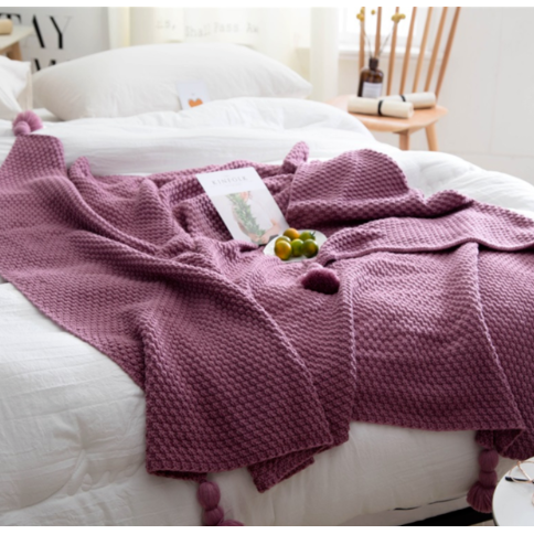 Chunky Knit Throw Blanket with Pom-Pom Tassels and Waffle Texture for Sofa Electric - Image 6