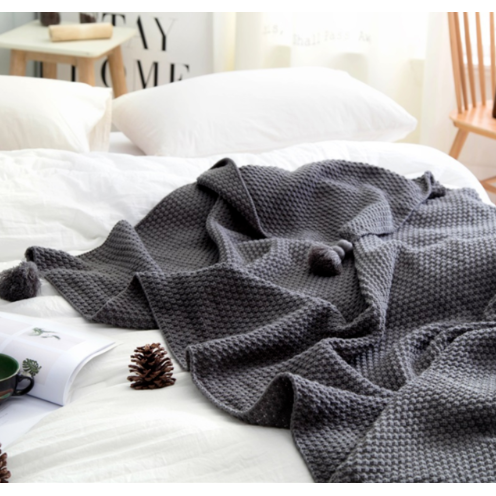 Chunky Knit Throw Blanket with Pom-Pom Tassels and Waffle Texture for Sofa Electric - Image 7