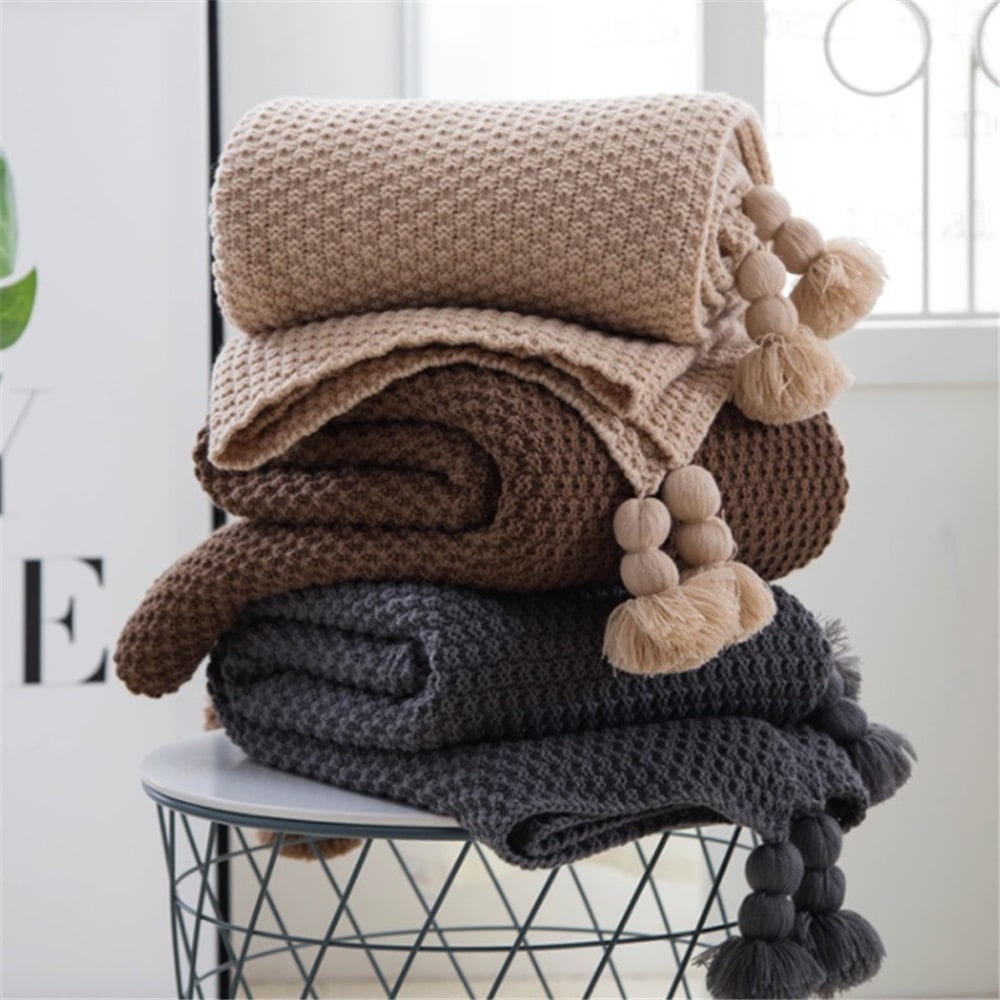 Chunky Knit Throw Blanket with Pom-Pom Tassels and Waffle Texture for Sofa Electric - Image 8