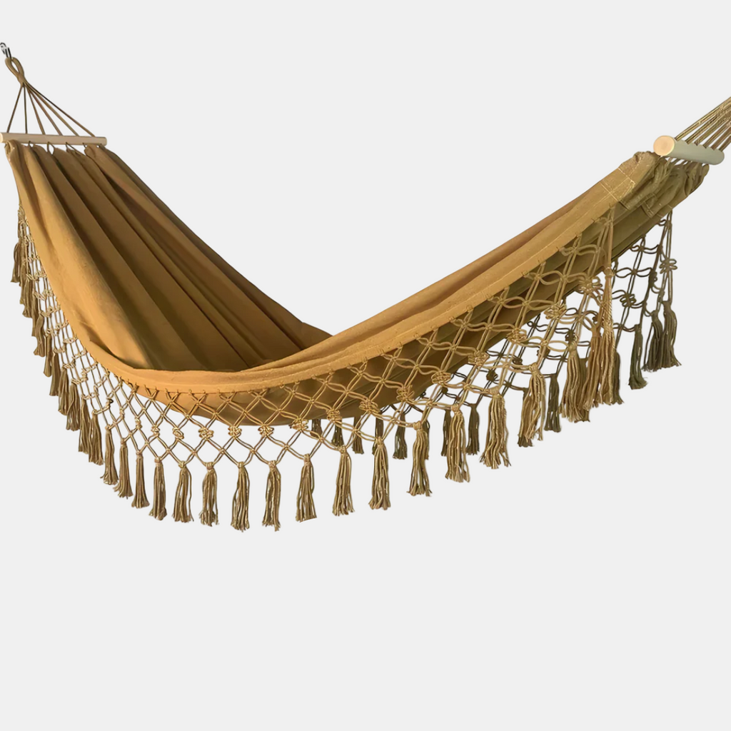 Cozy Outdoor Hammock with Wooden Supports – Perfect for Garden Relaxation
