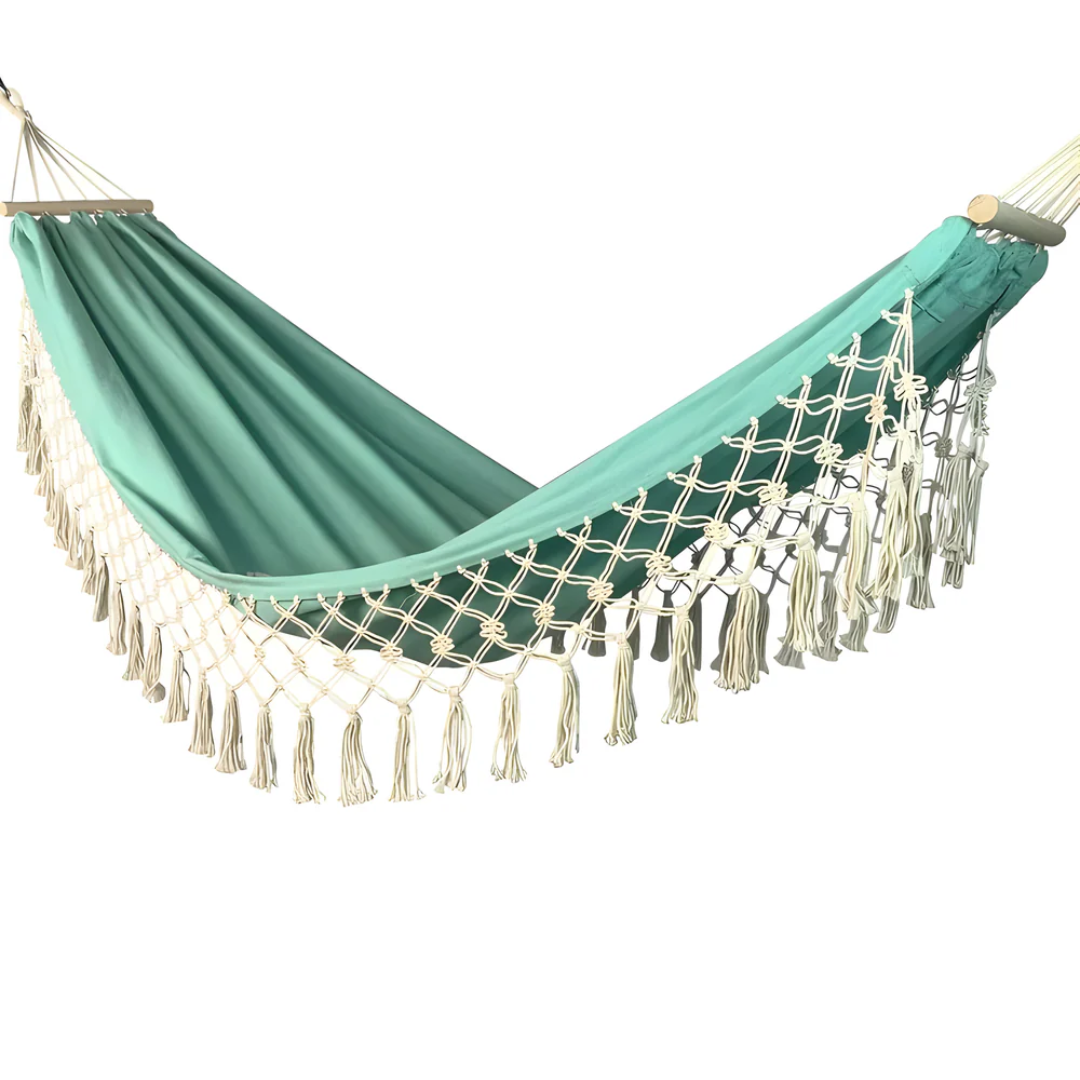 Cozy Outdoor Hammock with Wooden Supports – Perfect for Garden Relaxation