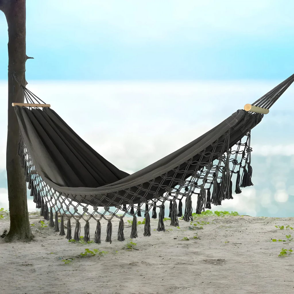 Cozy Outdoor Hammock with Wooden Supports – Perfect for Garden Relaxation