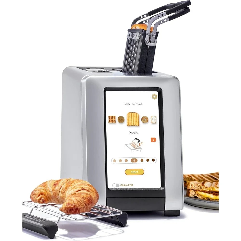 Compact Smart Toaster Warming Rack Digital Panini Press Touchscreen Metal Brushed - Image 1