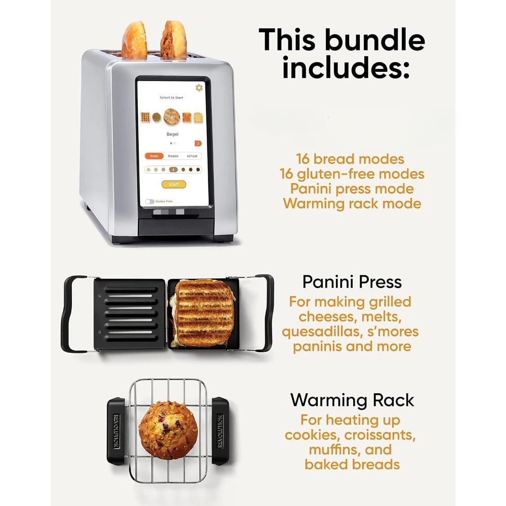 Compact Smart Toaster Warming Rack Digital Panini Press Touchscreen Metal Brushed - Image 2