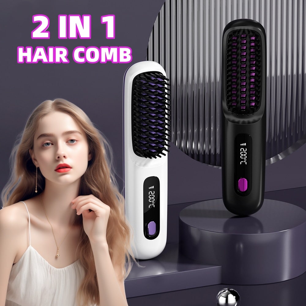 Cordless Portable Hair Straightener Brush with Heated Bristles USB Charging and Travel Pouch - Image 25