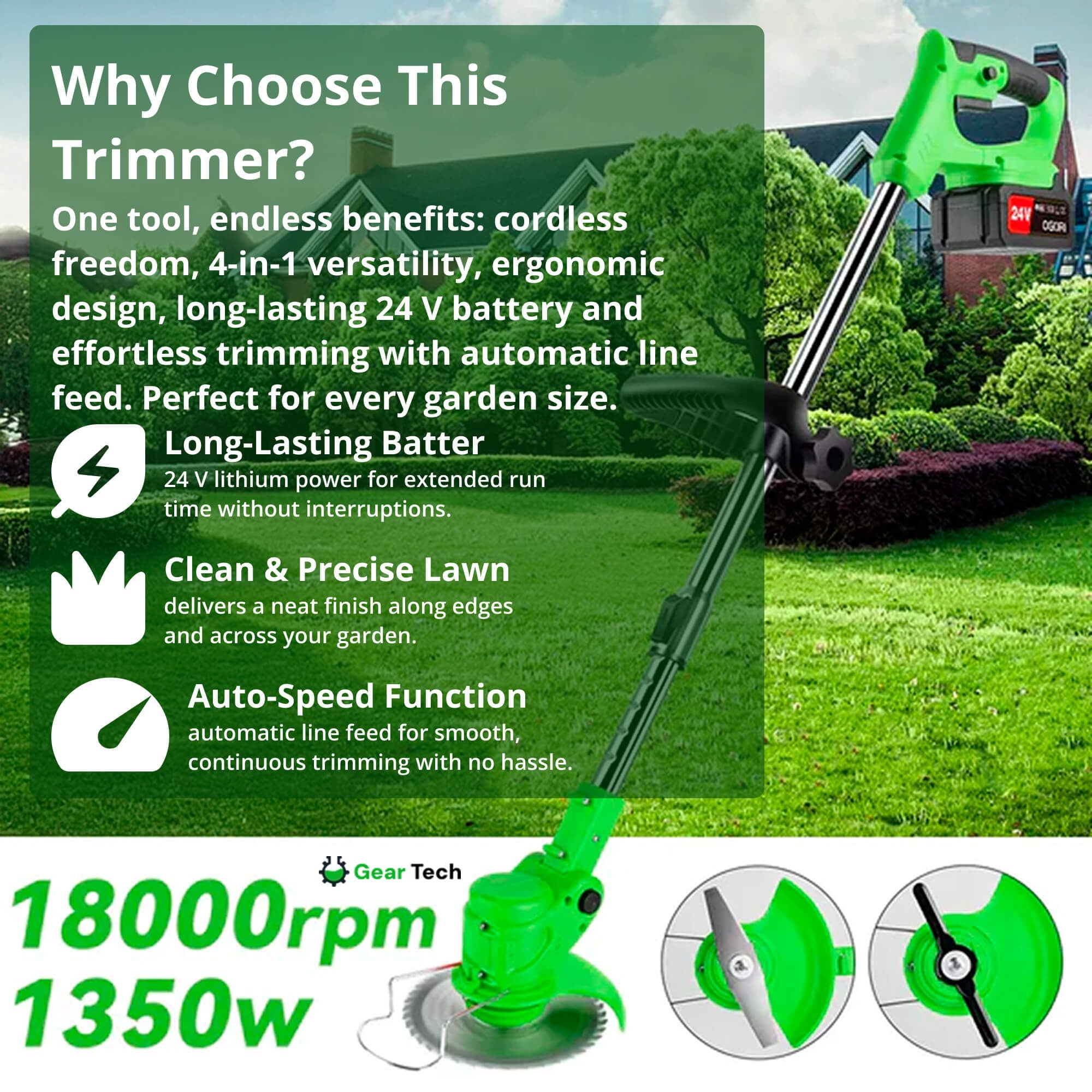 Cordless String Trimmer and Grass Strimmer with Adjustable Head Wheels and 24v Battery - Image 3