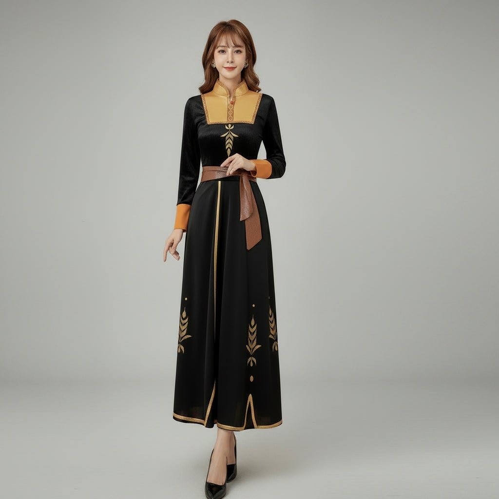 Cosplay Costume Princess Dress with Long Cape and Velvet Embroidered Details - Image 1