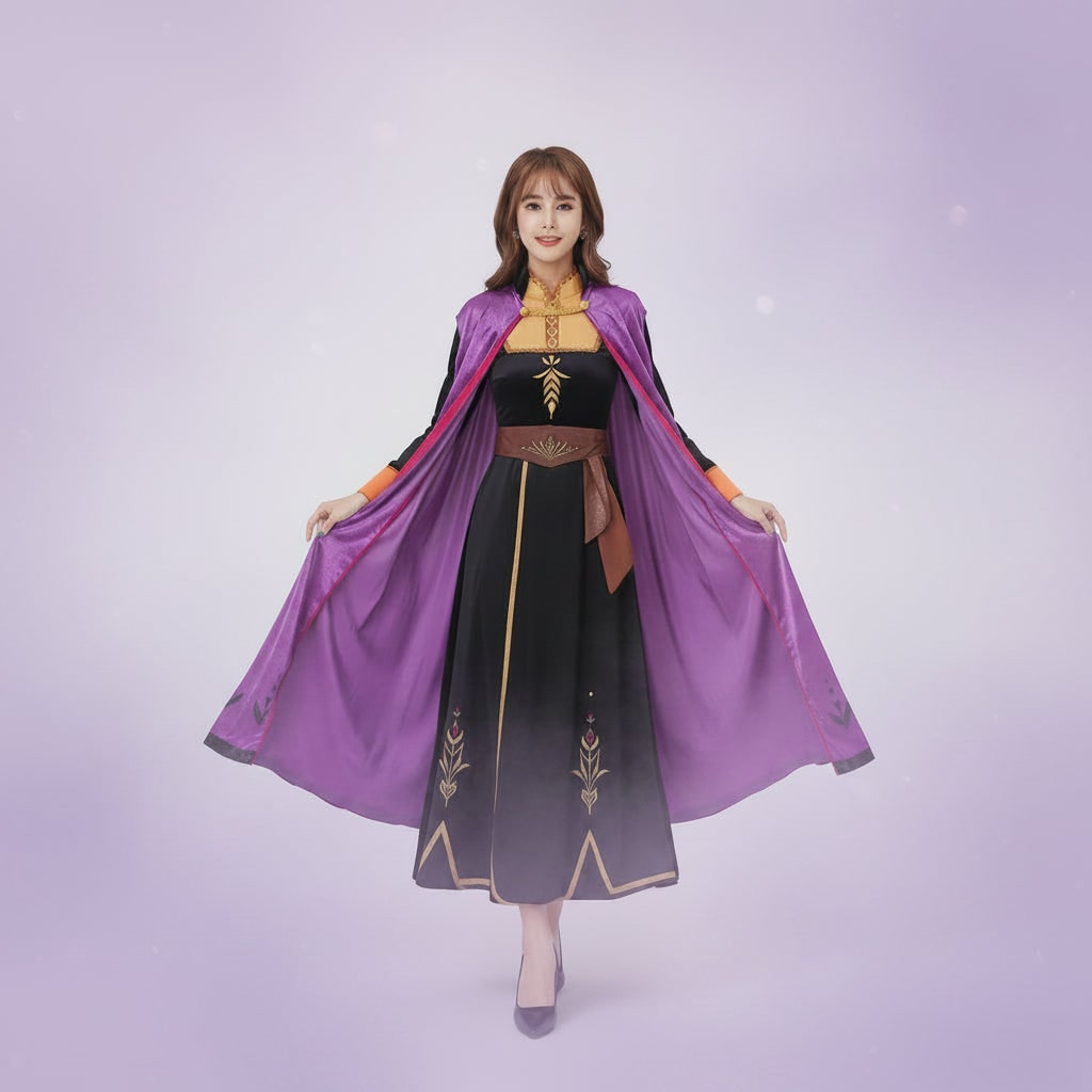 Cosplay Costume Princess Dress with Long Cape and Velvet Embroidered Details - Image 2