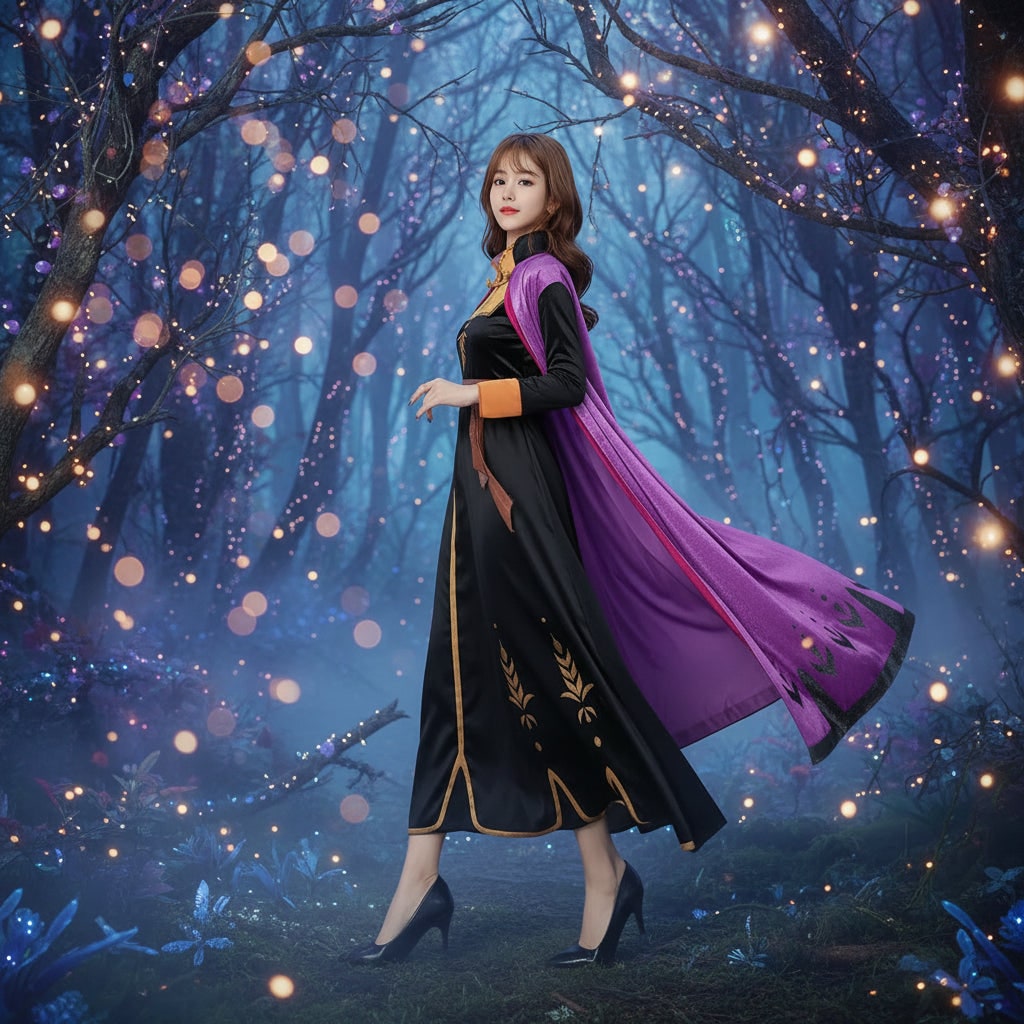 Cosplay Costume Princess Dress with Long Cape and Velvet Embroidered Details - Image 5