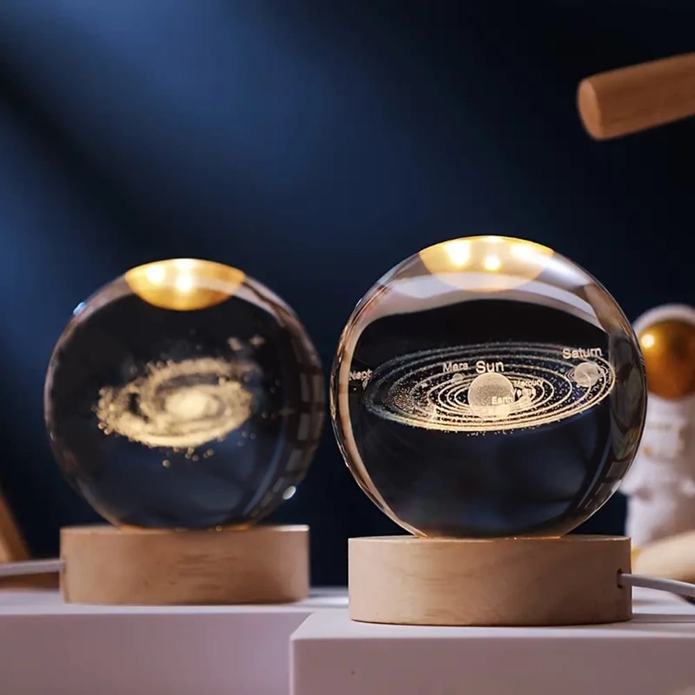 Crystal Ball Lamp Night Light USB Powered 3D Engraved Glass Wooden Base - Image 1
