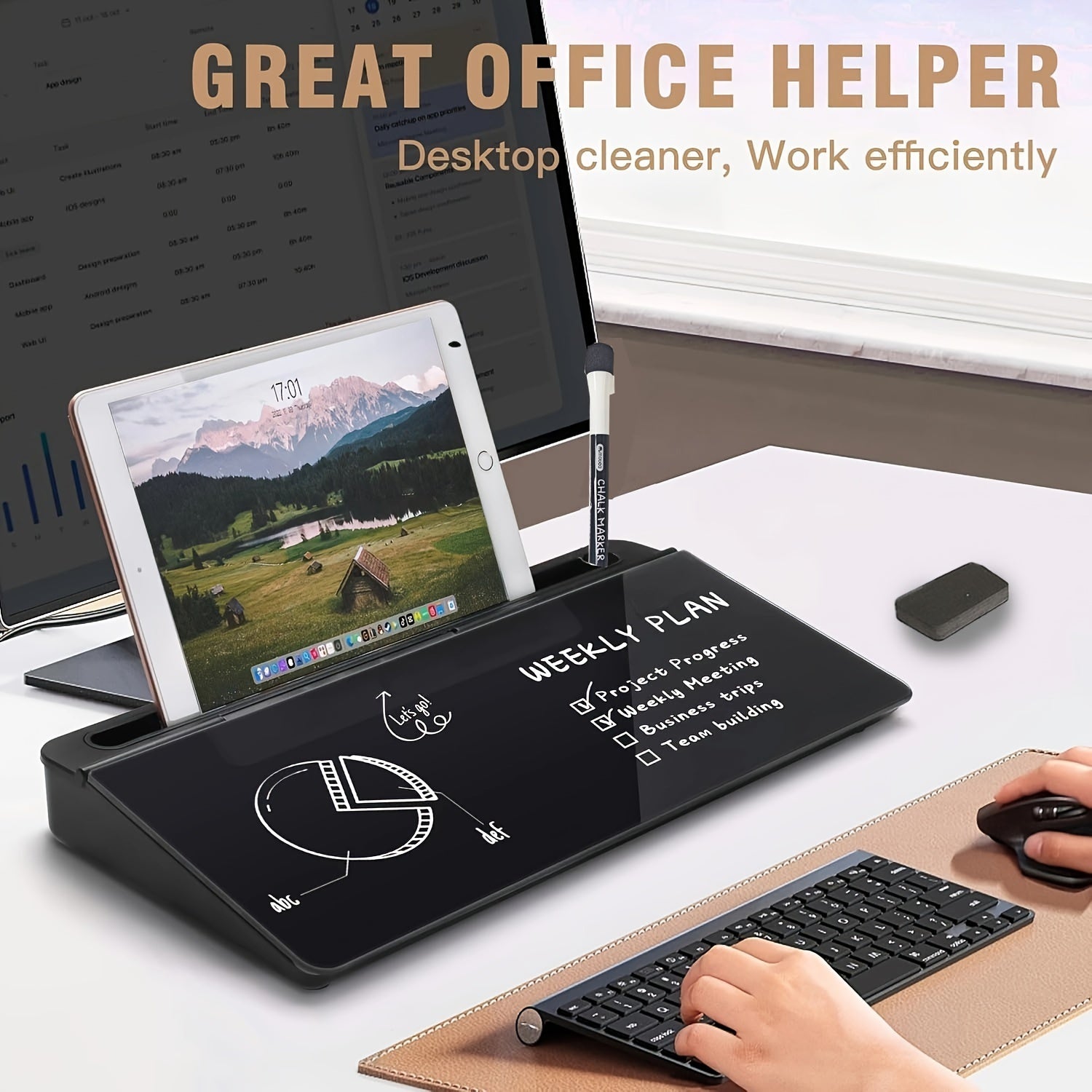 Glass Dry Erase Board with Magnetic Desktop Organizer and Built-In Storage