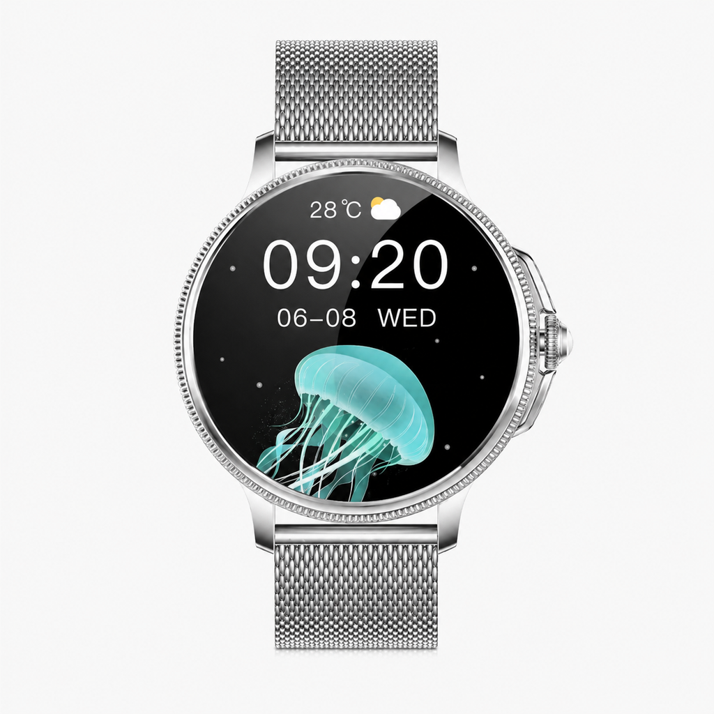 Wasserfeste Fitness-Smartwatch für Damen, rund, mit Metall-Mesh-Armband, wiederaufladbar