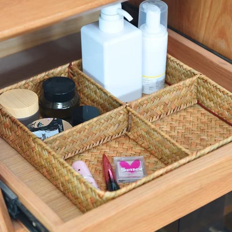 Drawer Organizer with Four Compartments Woven Seagrass Kitchen Utensil Storage Tray - Image 1