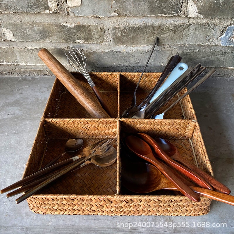 Drawer Organizer with Four Compartments Woven Seagrass Kitchen Utensil Storage Tray - Image 2