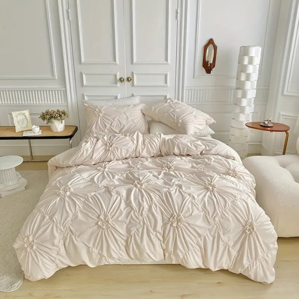 Duvet Cover Set with Pinch Pleat Ruffle Flower Design Microfiber Textured - Image 1