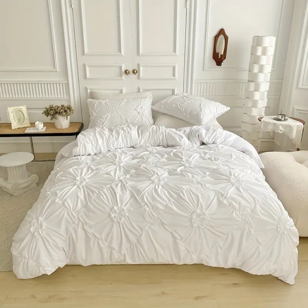 Duvet Cover Set with Pinch Pleat Ruffle Flower Design Microfiber Textured - Image 2