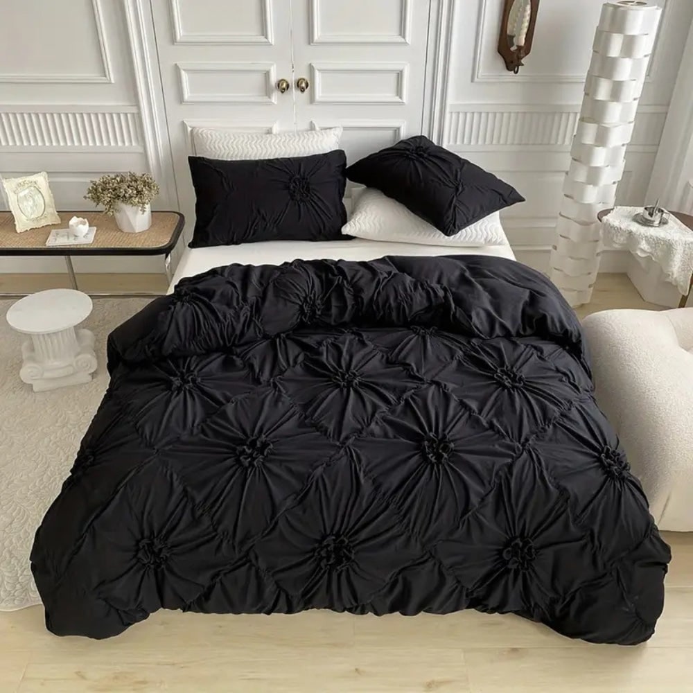 Duvet Cover Set with Pinch Pleat Ruffle Flower Design Microfiber Textured - Image 3