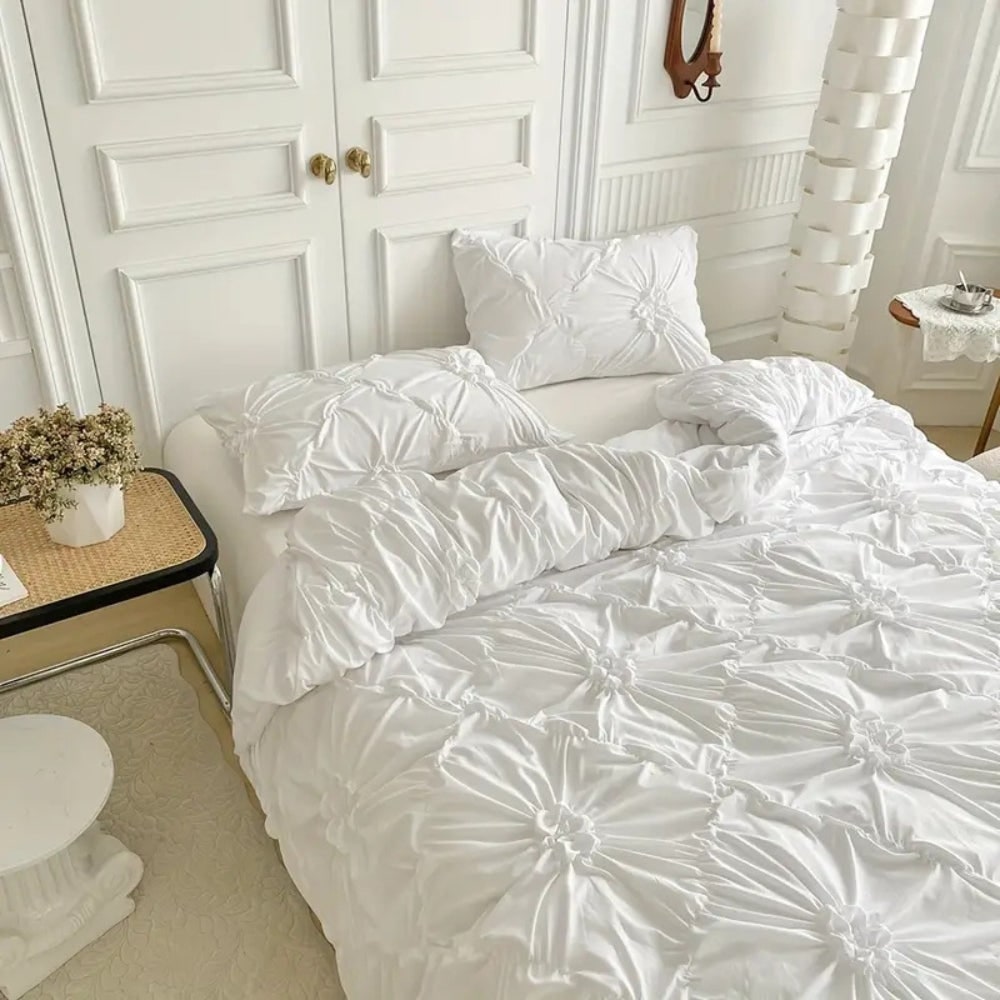 Duvet Cover Set with Pinch Pleat Ruffle Flower Design Microfiber Textured - Image 4
