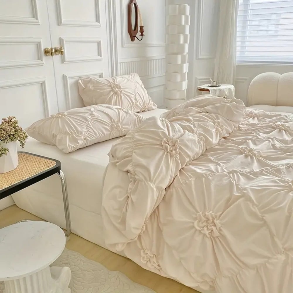 Duvet Cover Set with Pinch Pleat Ruffle Flower Design Microfiber Textured - Image 5