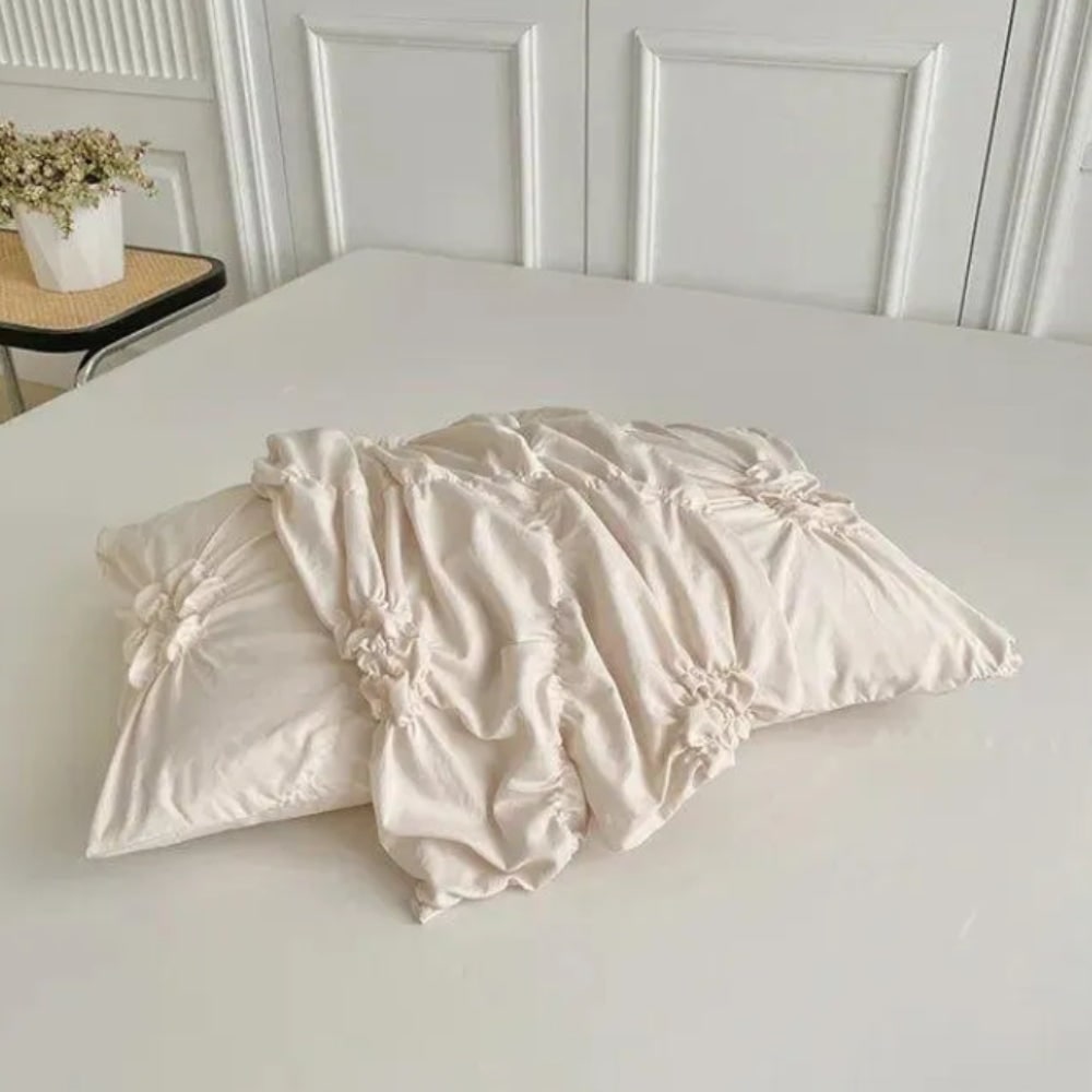 Duvet Cover Set with Pinch Pleat Ruffle Flower Design Microfiber Textured - Image 6