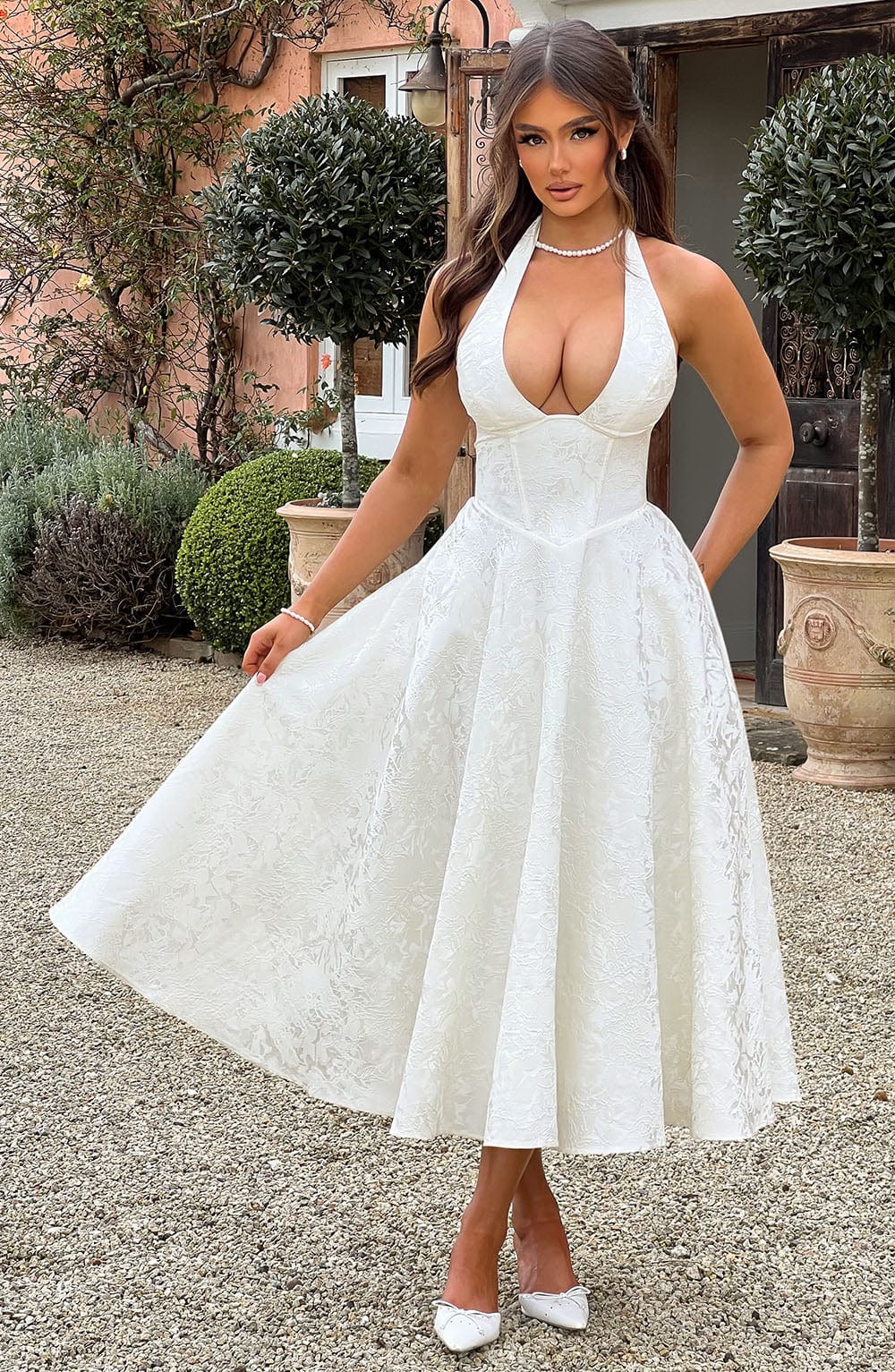 halter midi dress wedding guest Amanda Uprichard Abby in White making this the dress youll reach for when you want to feel effortlessly polished Kimberly | Halter Midi Dress