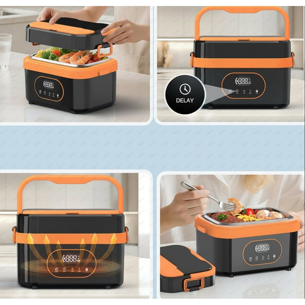 Electric Heated Lunch Box with Stainless Steel Tray LED Display and Carrying Handle for Work Travel - Image 1