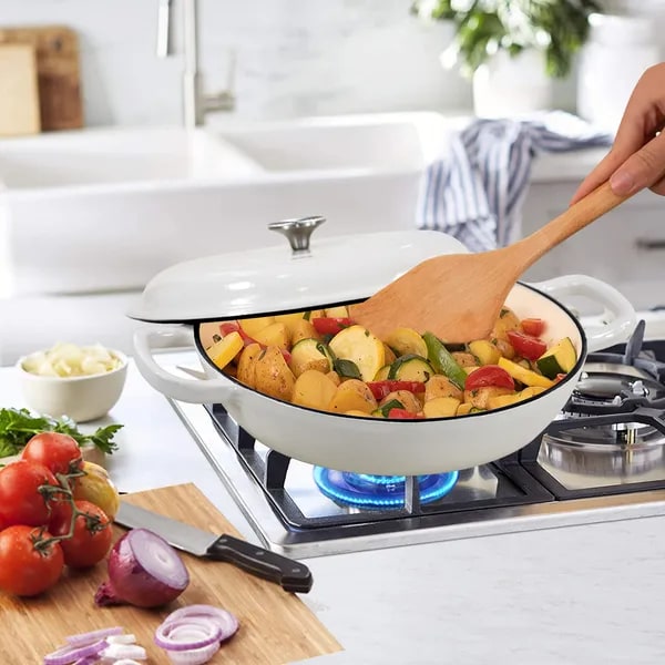 Enameled Cast Iron Braiser with Lid Round Braising Cookware Pan 12-Inch Shallow Oven Safe Pot - Image 3