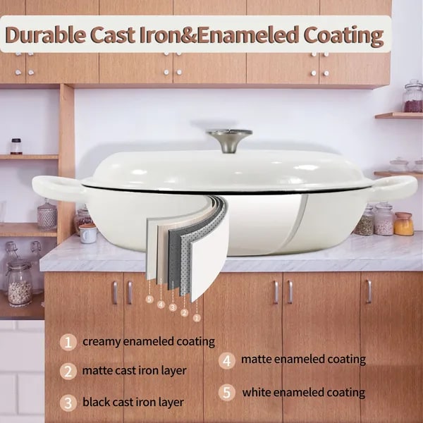 Enameled Cast Iron Braiser with Lid Round Braising Cookware Pan 12-Inch Shallow Oven Safe Pot - Image 4