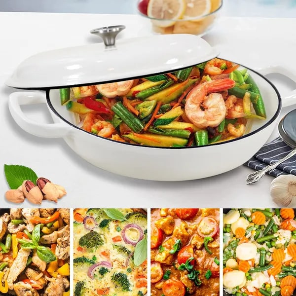 Enameled Cast Iron Braiser with Lid Round Braising Cookware Pan 12-Inch Shallow Oven Safe Pot - Image 6