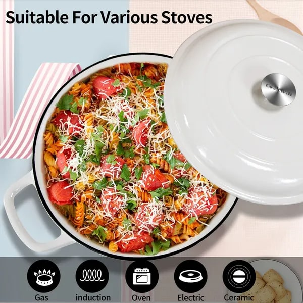Enameled Cast Iron Braiser with Lid Round Braising Cookware Pan 12-Inch Shallow Oven Safe Pot - Image 7