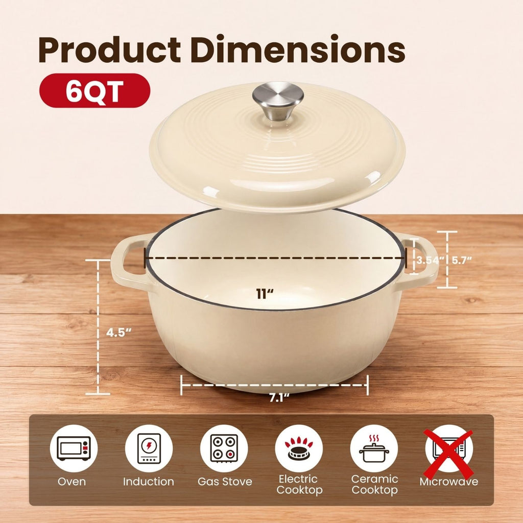 Enameled Cast Iron Dutch Oven Pot with Lid for Bread Baking and Braising 6 Quart Cookware - Image 11