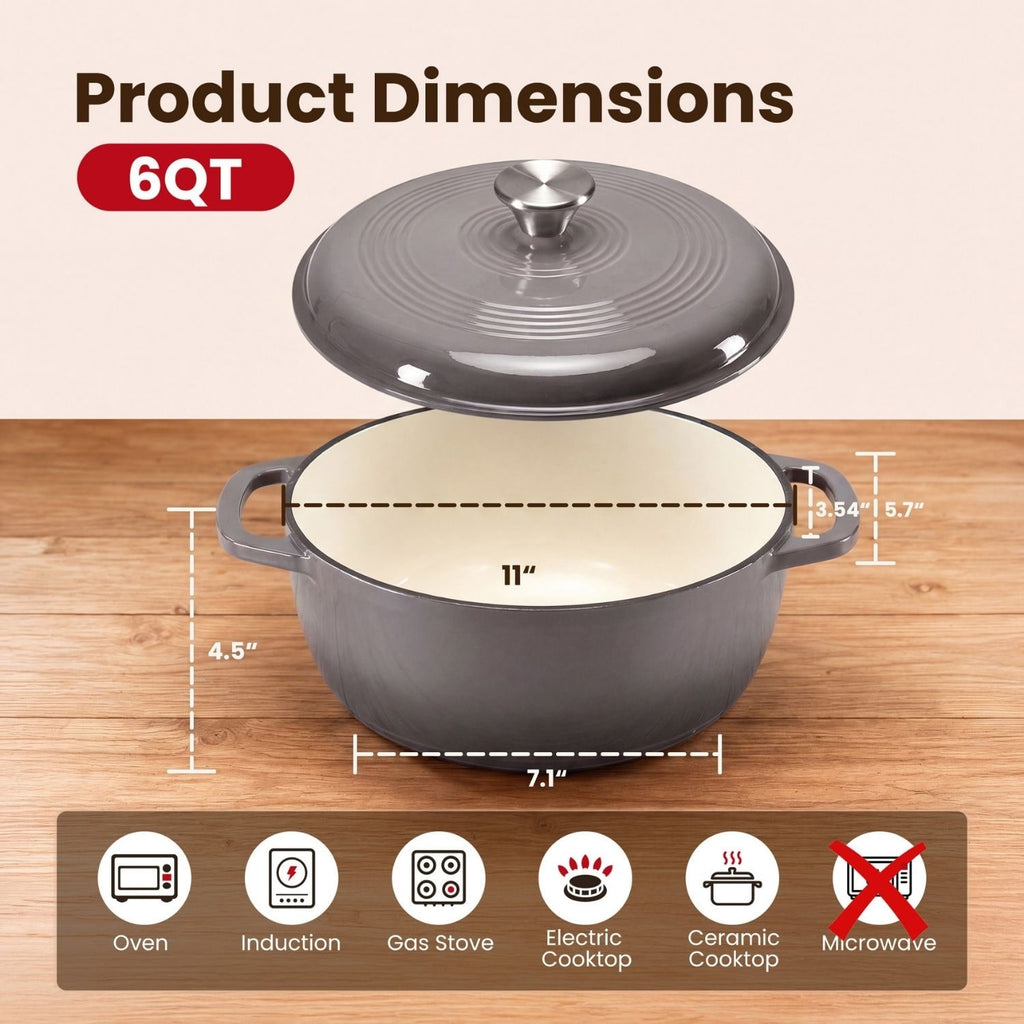 Enameled Cast Iron Dutch Oven Pot with Lid for Bread Baking and Braising 6 Quart Cookware - Image 3
